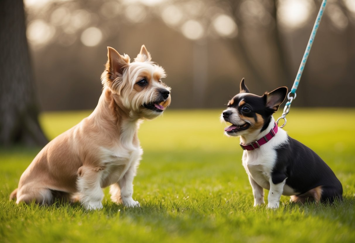 A small dog with a relaxed body posture and wagging tail interacting peacefully with another dog