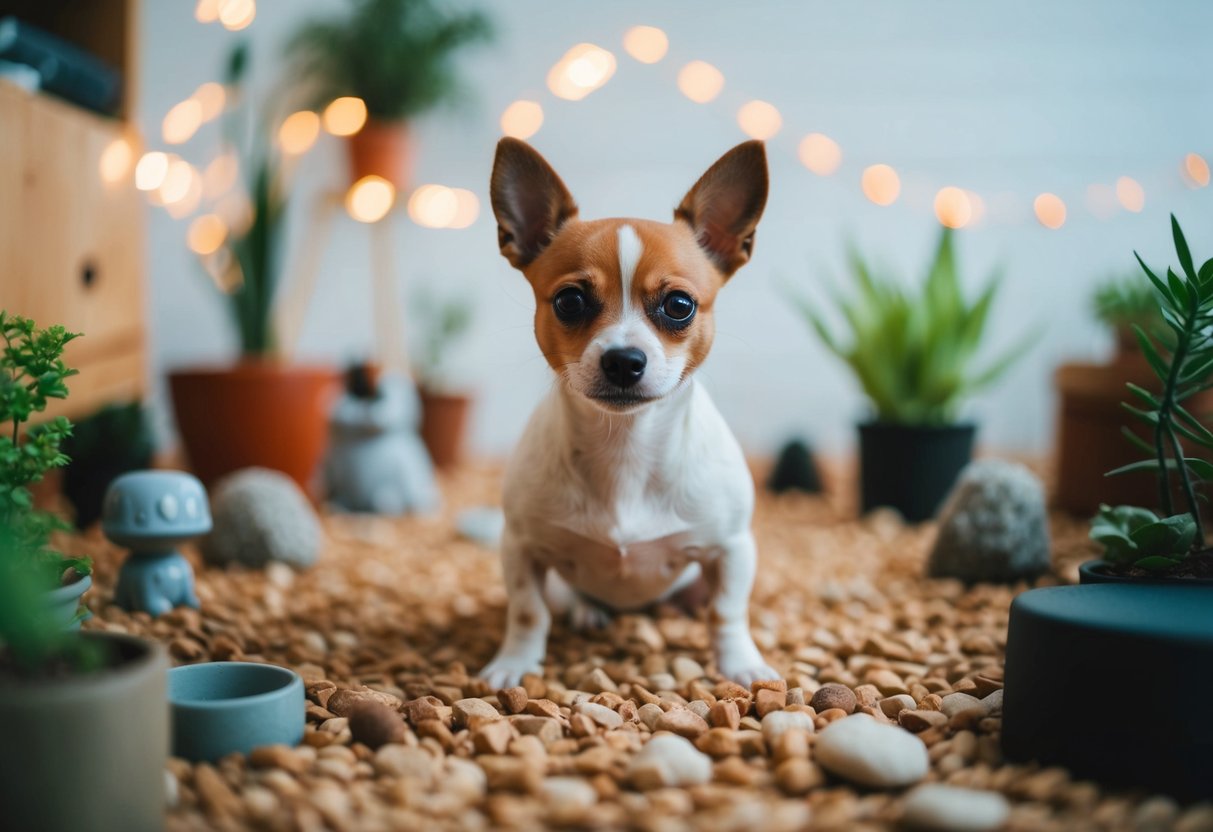 A small, non-biting dog surrounded by various living environments