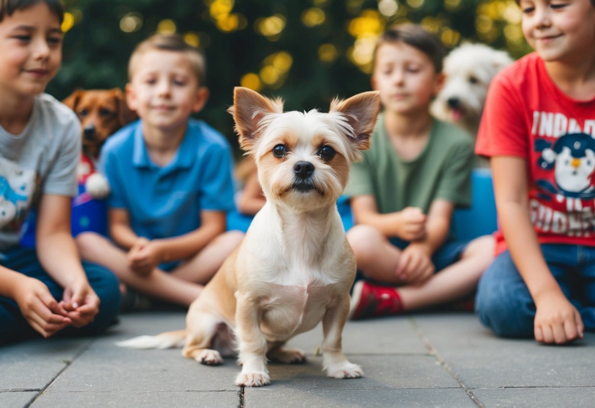 A small, gentle dog sitting calmly with a relaxed expression, surrounded by children and other animals