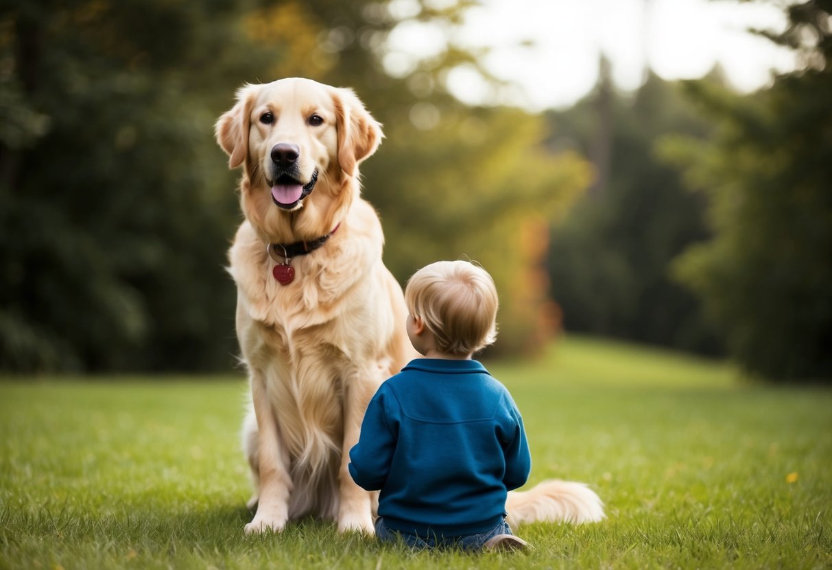 A golden retriever stands protectively in front of a child, wagging its tail and looking alert