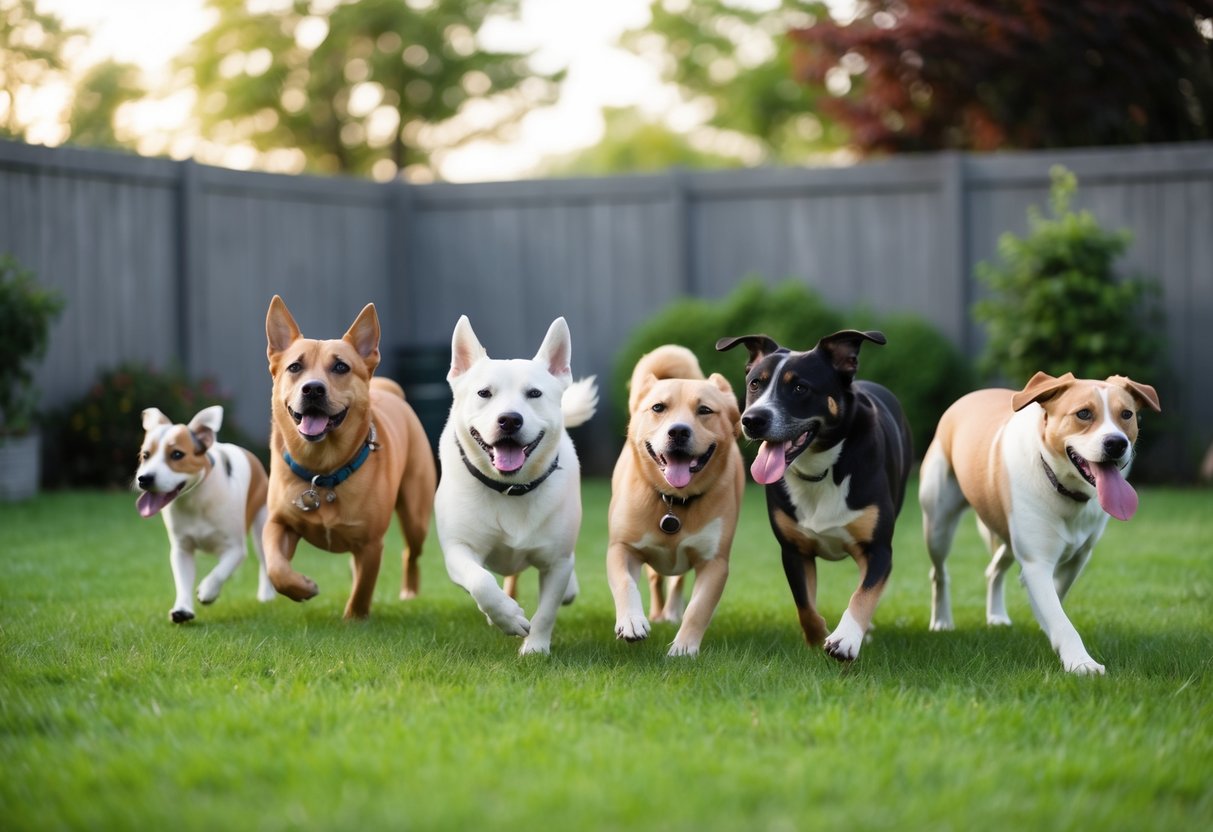 A group of calm, friendly dogs of various sizes and breeds playing peacefully in a fenced-in yard