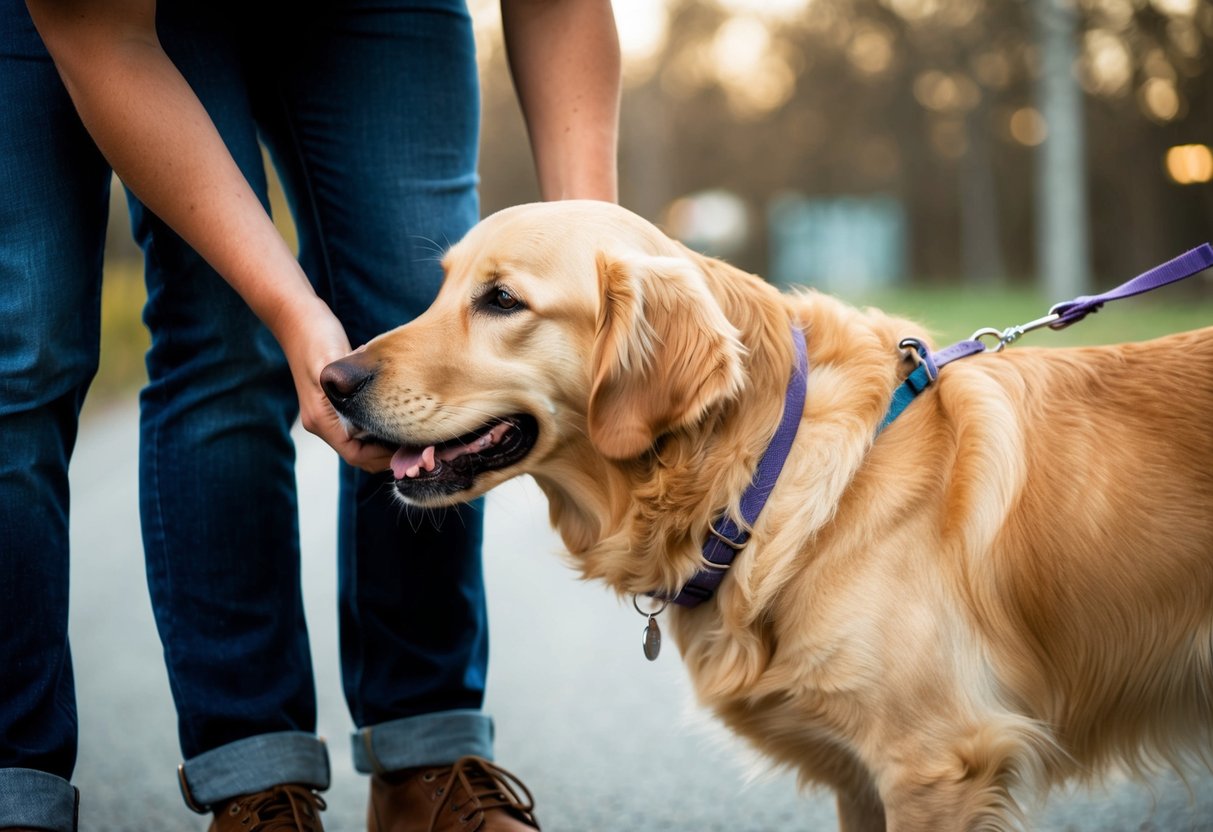 A golden retriever nuzzling a person's leg with a wagging tail and adoring eyes