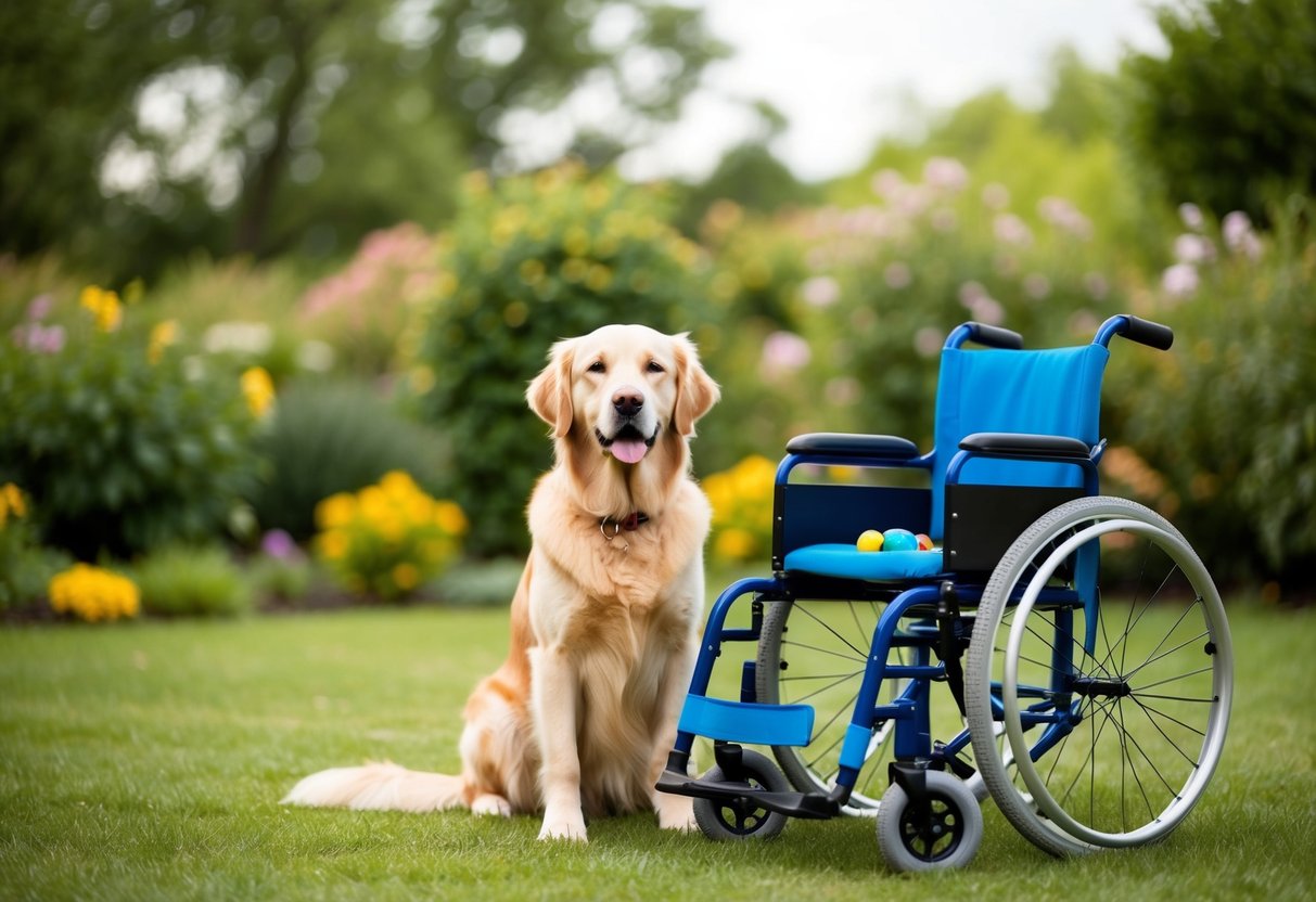 A golden retriever calmly sits beside a child's wheelchair, both surrounded by a peaceful garden with a gentle breeze