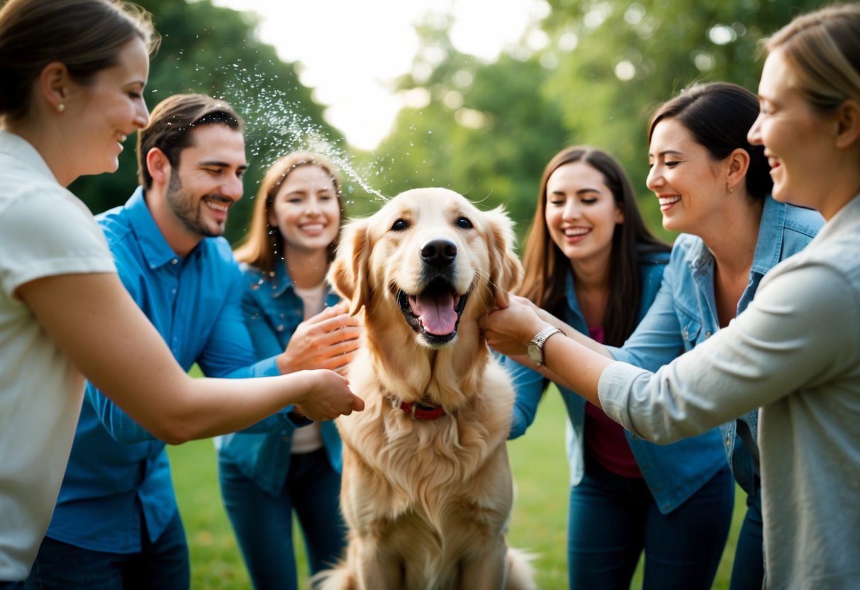 A joyful golden retriever eagerly wagging its tail while being showered with affection by a group of smiling humans