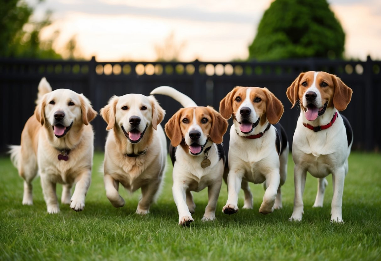 A group of calm and friendly dog breeds, such as Golden Retrievers, Labrador Retrievers, and Beagles, playing together in a fenced yard