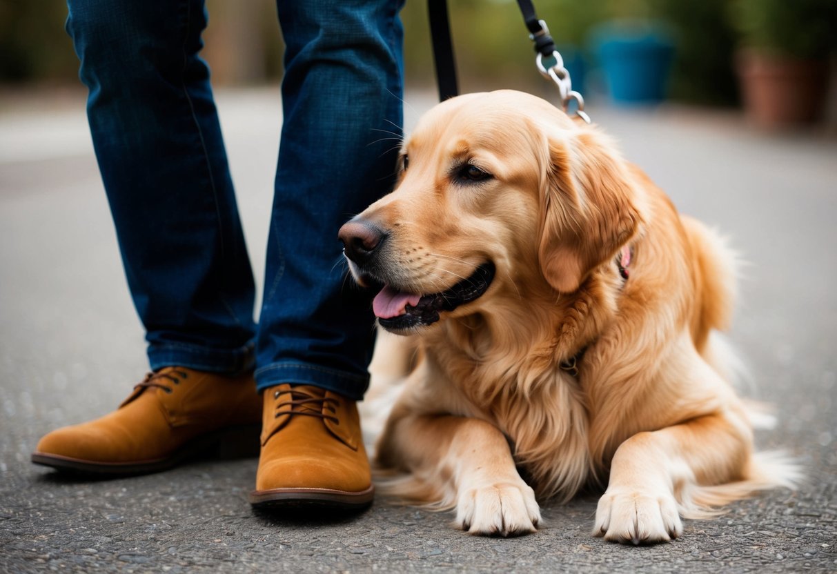 A golden retriever nuzzling against a person's leg with a wagging tail and adoring eyes