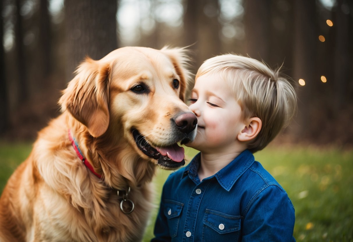 A golden retriever nuzzling a child's cheek, tail wagging enthusiastically