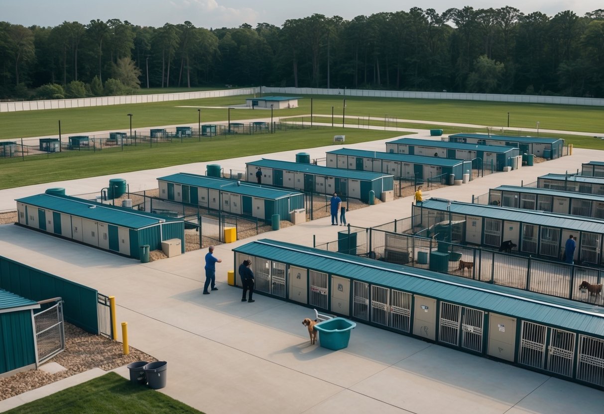 A spacious, clean facility with rows of dog kennels, outdoor play areas, and staff members tending to the needs of 1,000 dogs