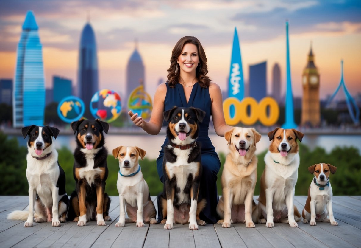 A woman with 1,000 dogs in a diverse, global setting, with educational symbols and international landmarks in the background