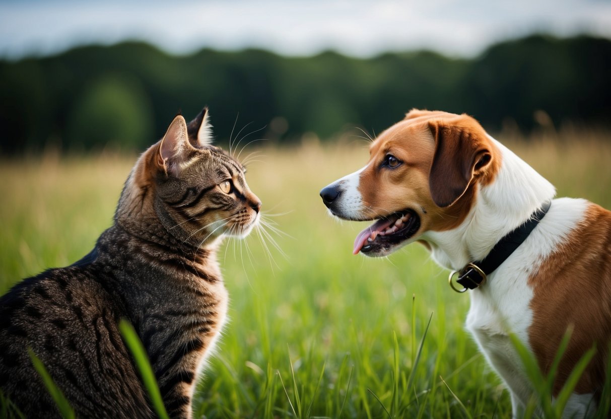 Two animals, a cat and a dog, face each other in a grassy field, their curious expressions hinting at a timeless debate