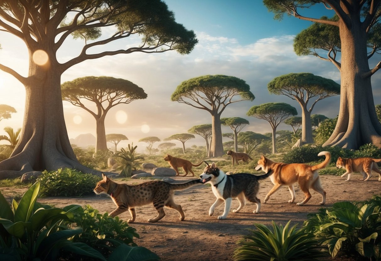 A prehistoric landscape with ancient cats and dogs roaming the earth, surrounded by lush vegetation and towering trees
