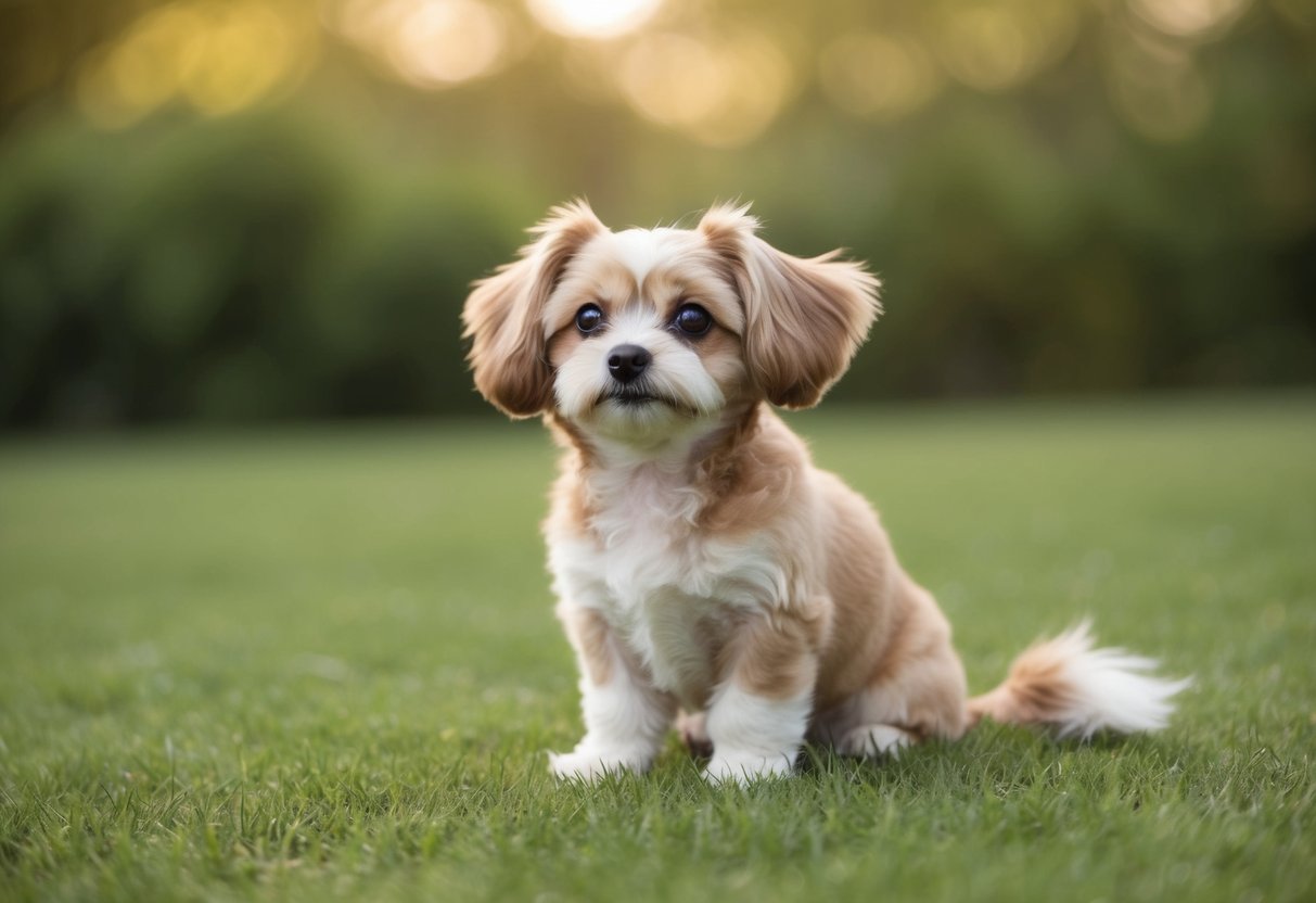 A small, fluffy dog with floppy ears and a wagging tail, sitting on a patch of grass, looking up at the viewer with big, soulful eyes