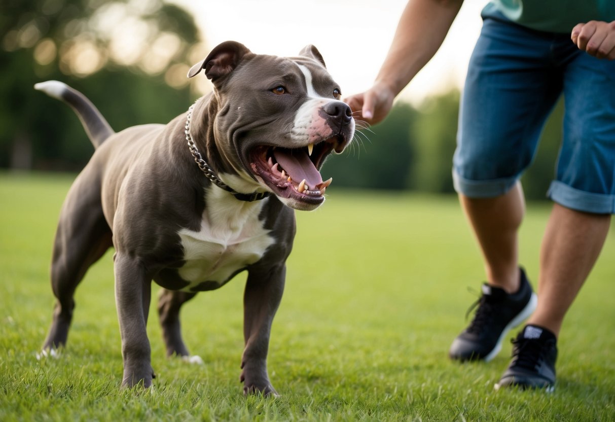 A snarling pit bull lunges at its owner, teeth bared