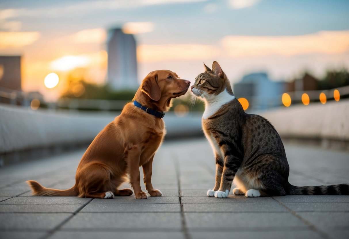 A dog and a cat sitting side by side, looking at each other with curiosity