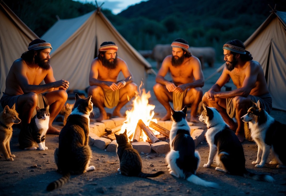 A group of ancient humans gather around a campfire, surrounded by both cats and dogs, debating who came first