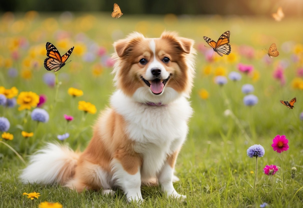 A fluffy dog with a wagging tail sits in a grassy field, surrounded by colorful flowers and butterflies fluttering around