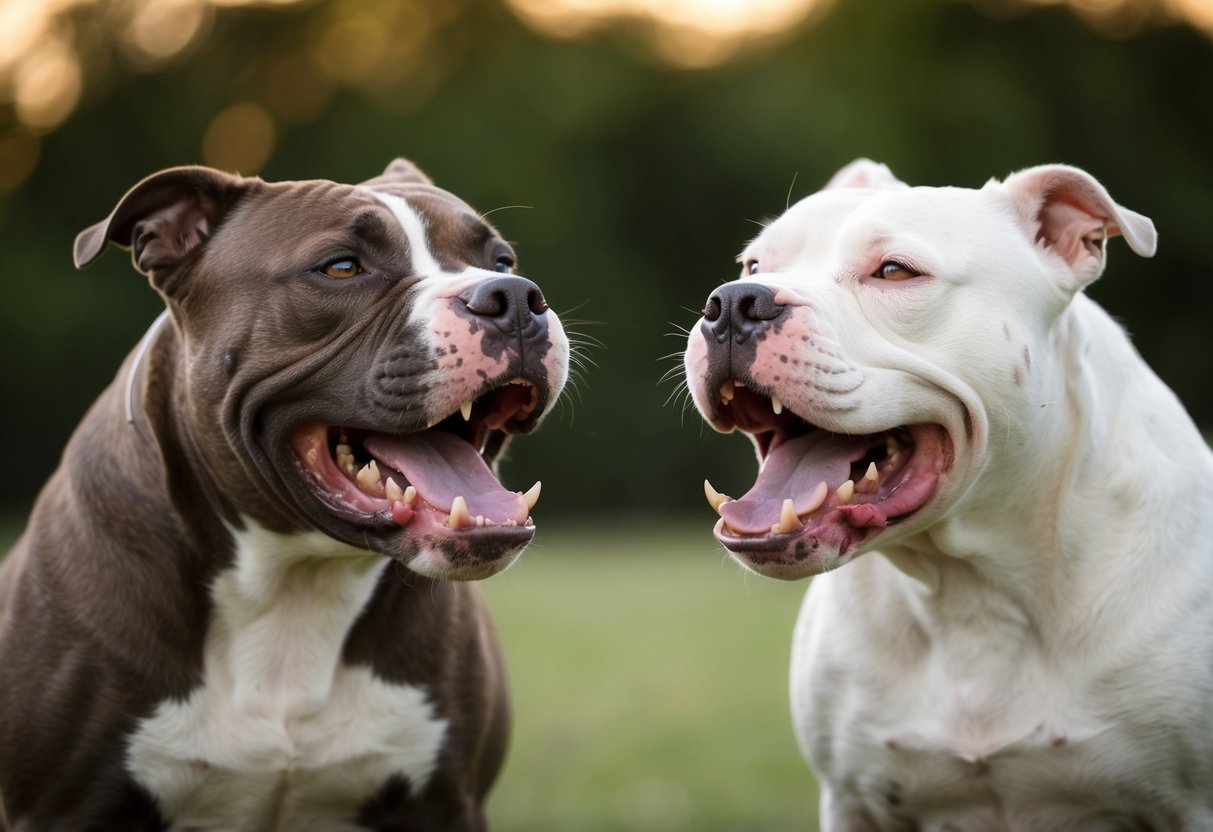 Two snarling pit bulls facing off, teeth bared, in a tense stand-off