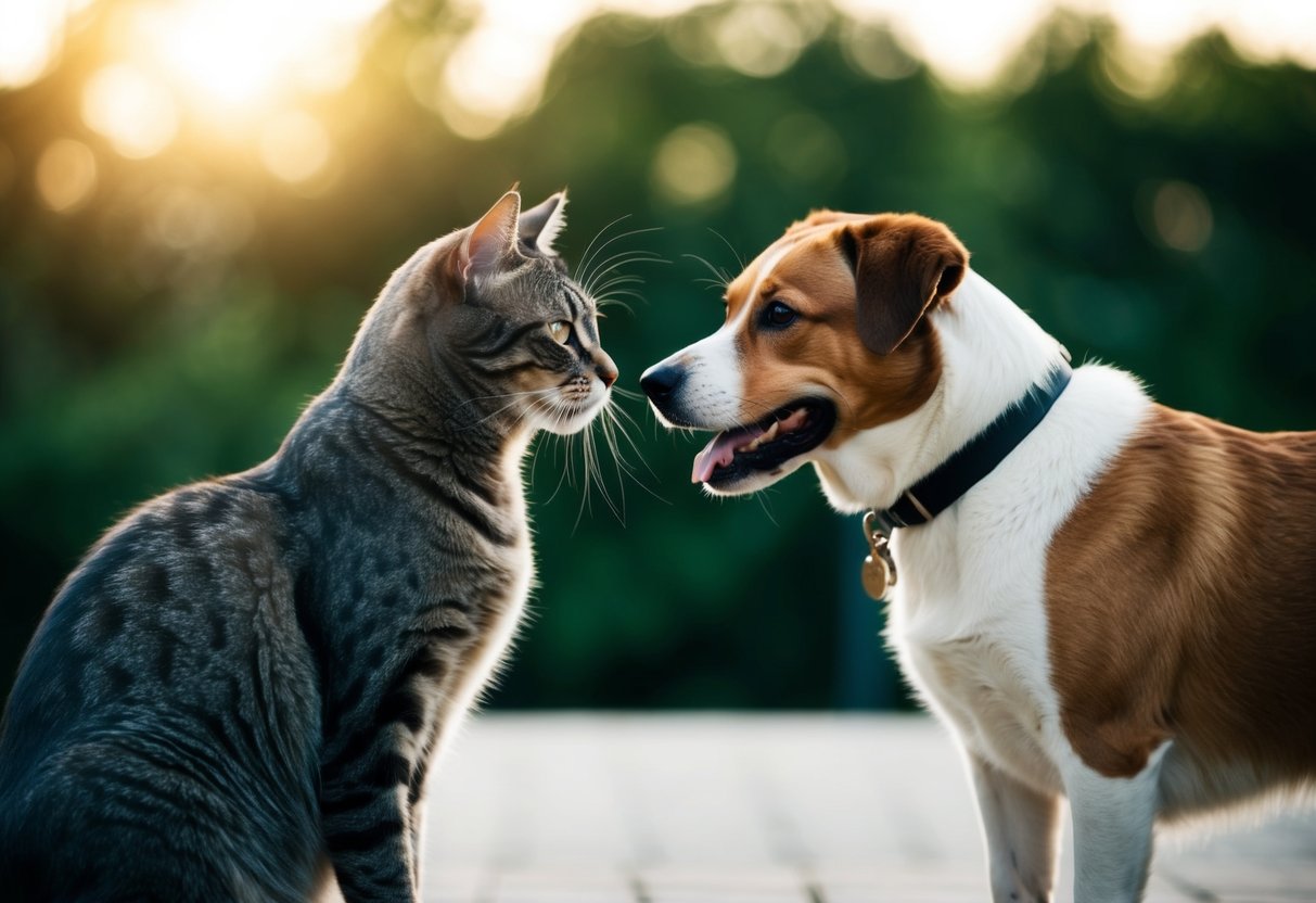 A sleek cat and a loyal dog stand facing each other, representing the age-old debate of who came first. The cat exudes elegance while the dog radiates loyalty