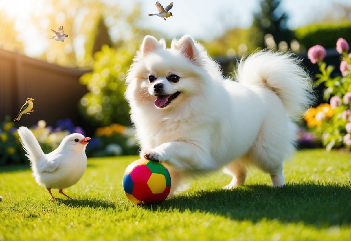 A fluffy white Pomeranian named Snowball plays with a colorful ball in a sunlit garden surrounded by blooming flowers and chirping birds