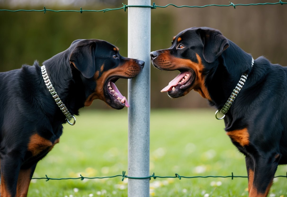 Two snarling Rottweilers cornering a person against a fence