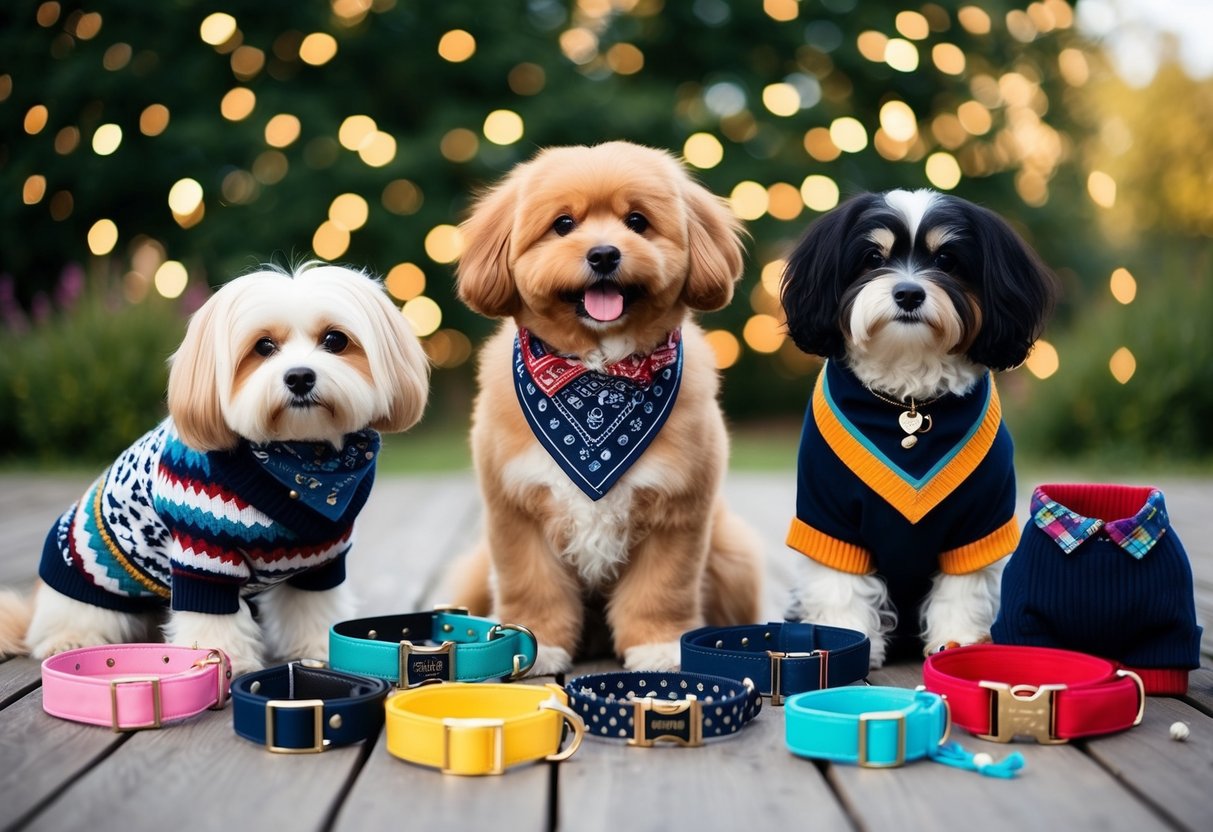 A fluffy dog surrounded by a variety of stylish pet accessories, including colorful bandanas, trendy collars, and fashionable sweaters