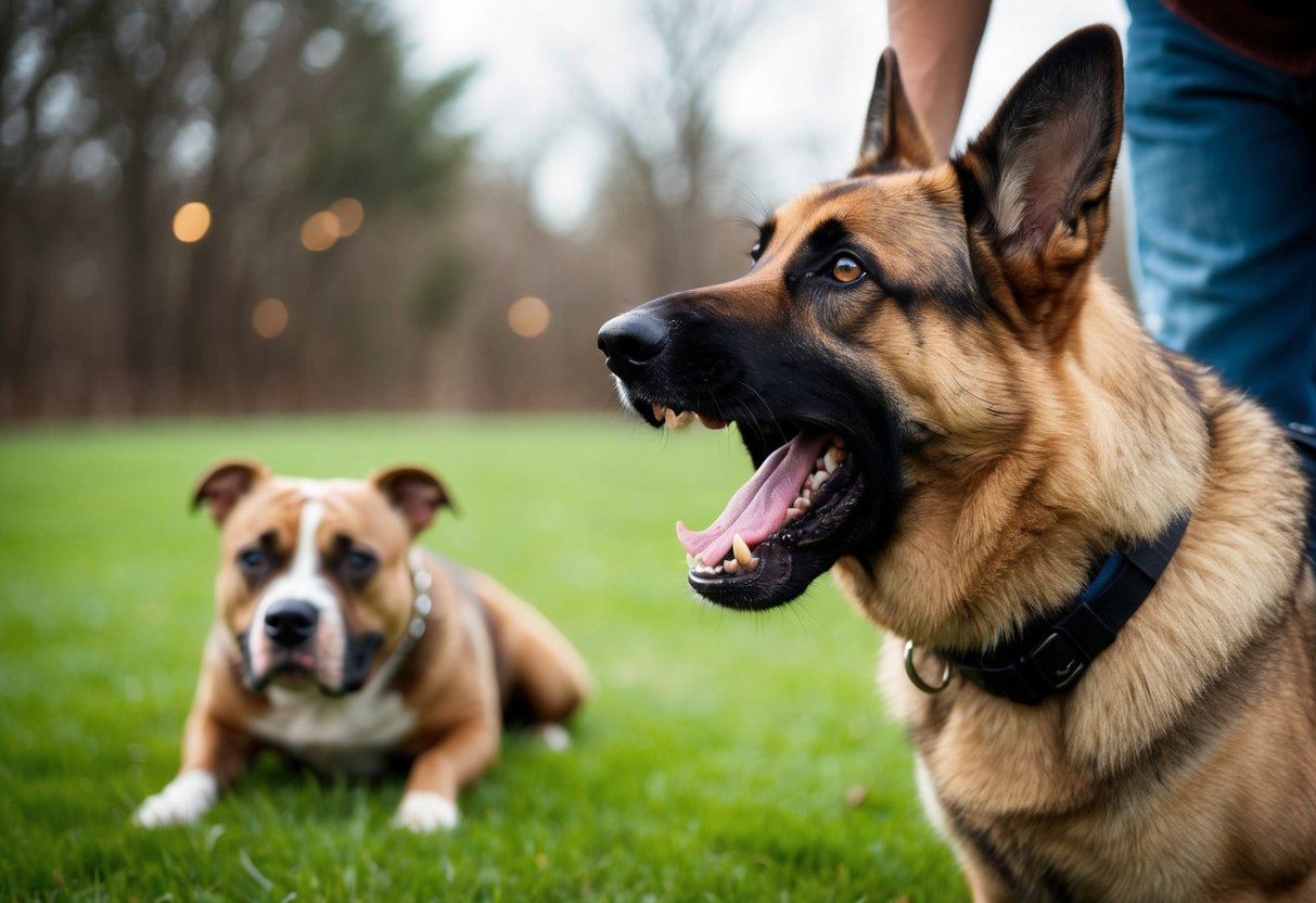 A German Shepherd snarls at its owner, while a neglected Pitbull lurks in the background