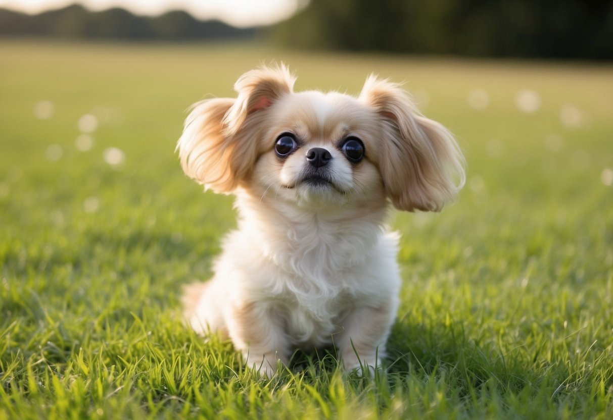 A fluffy, small dog with big, round eyes and floppy ears sits on a grassy field, looking up with an adorable, innocent expression
