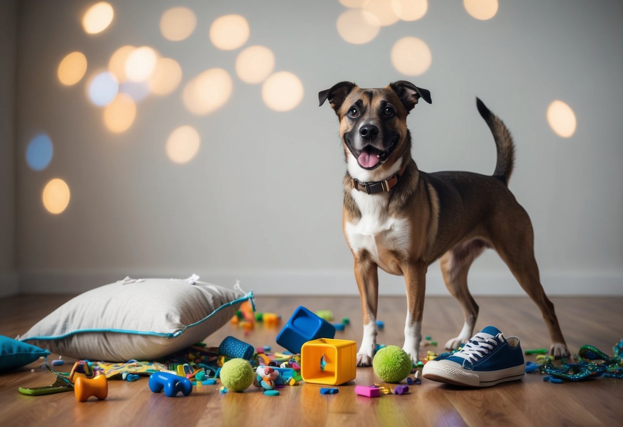 A mischievous dog with a torn pillow, scattered toys, and a chewed-up shoe, standing proudly amidst the chaos