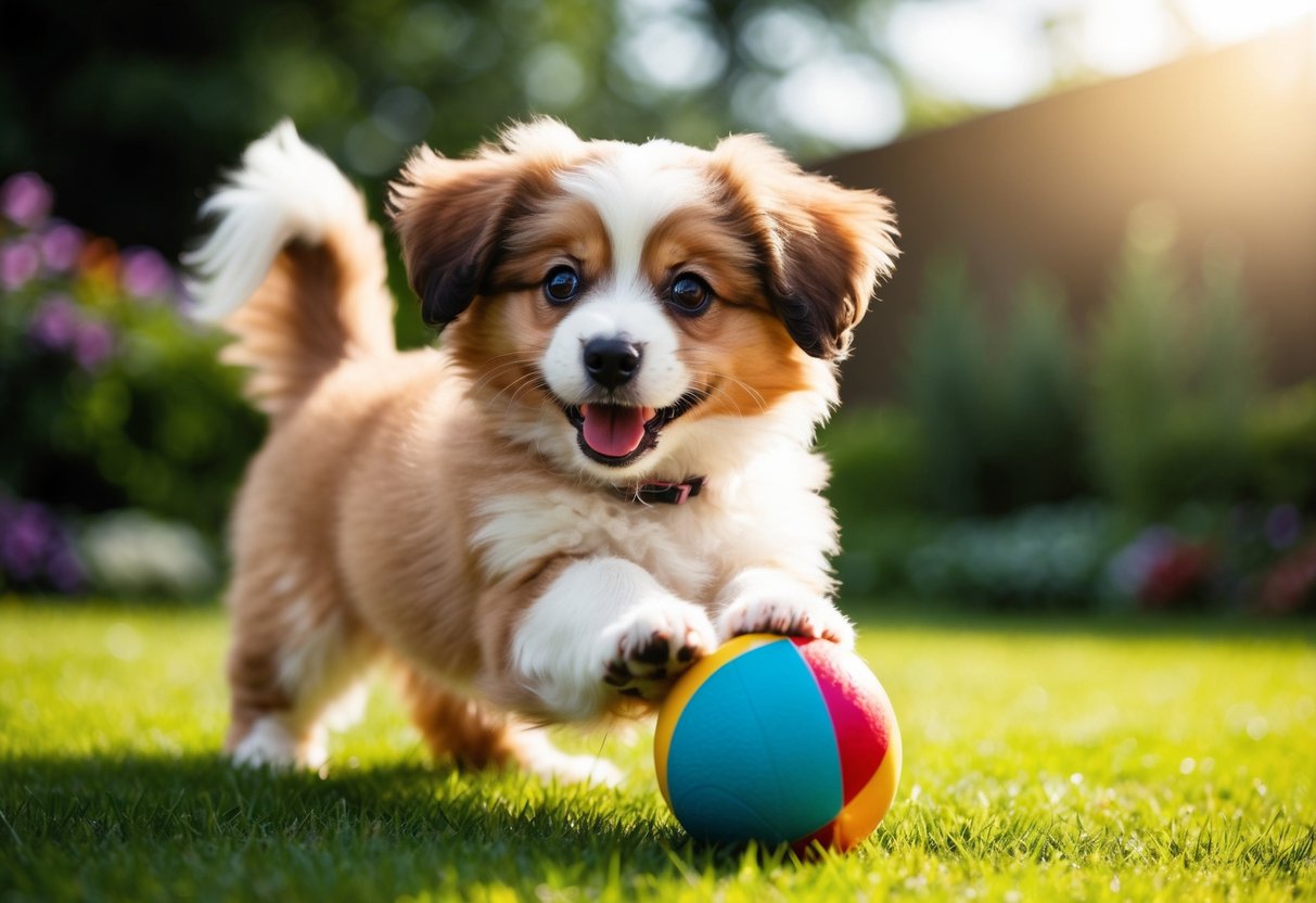 A fluffy puppy with big, expressive eyes, a small nose, and floppy ears, wagging its tail happily as it plays with a colorful ball in a sunlit garden