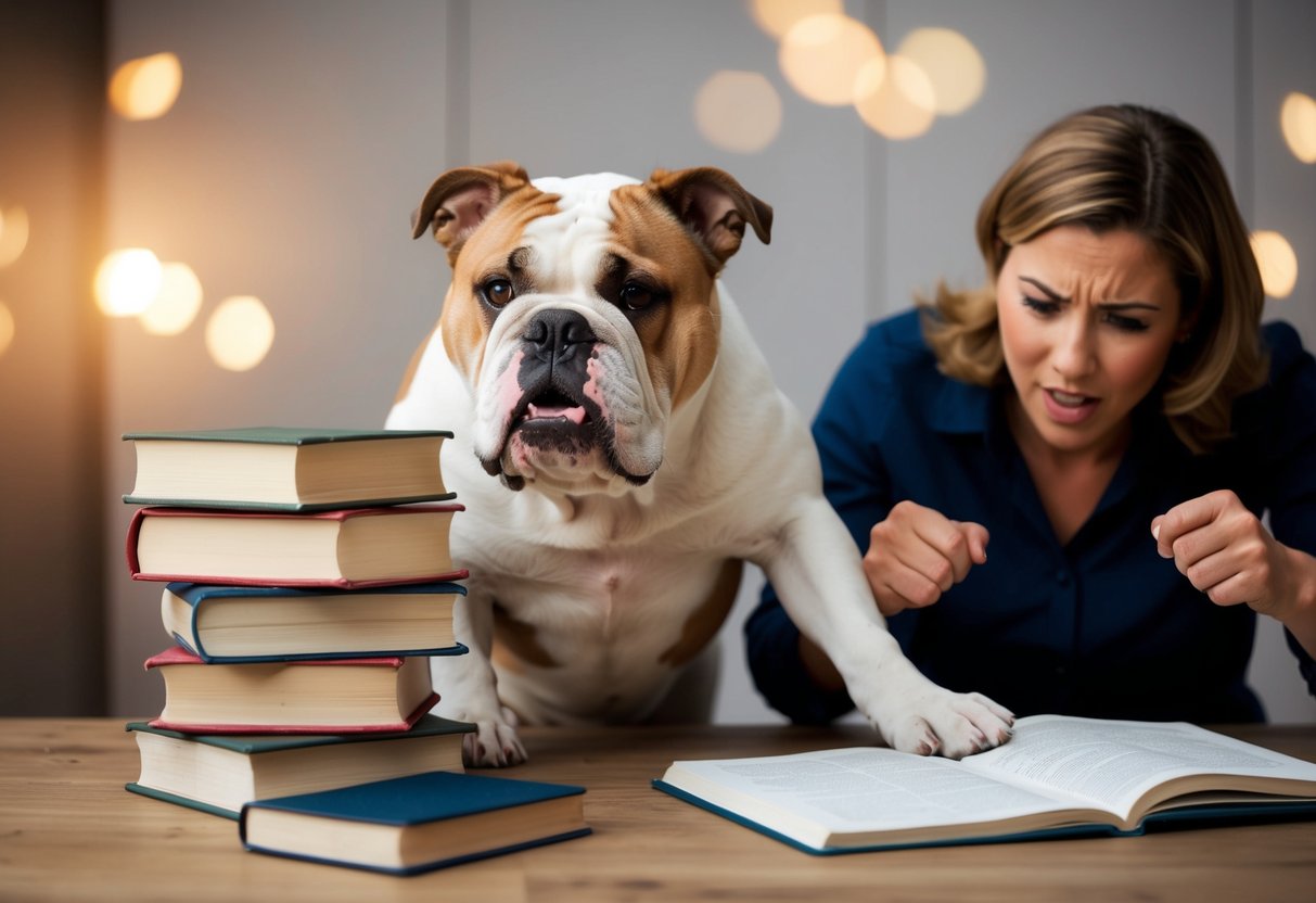 A mischievous bulldog knocks over a stack of books while ignoring its frustrated owner's commands