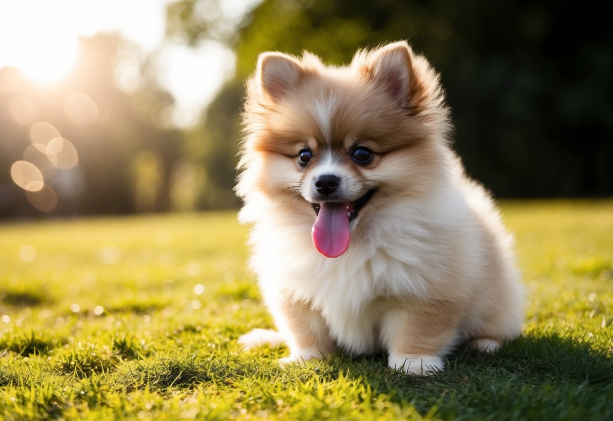 A small fluffy Pomeranian puppy sitting in a patch of sunlight, with its tongue hanging out and a playful glint in its eyes