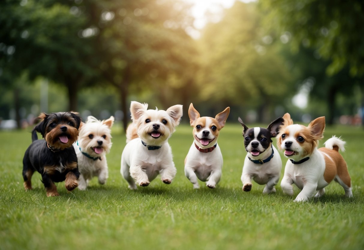 A group of small and toy dog breeds playfully interact in a grassy park setting, showcasing their adorable and endearing features