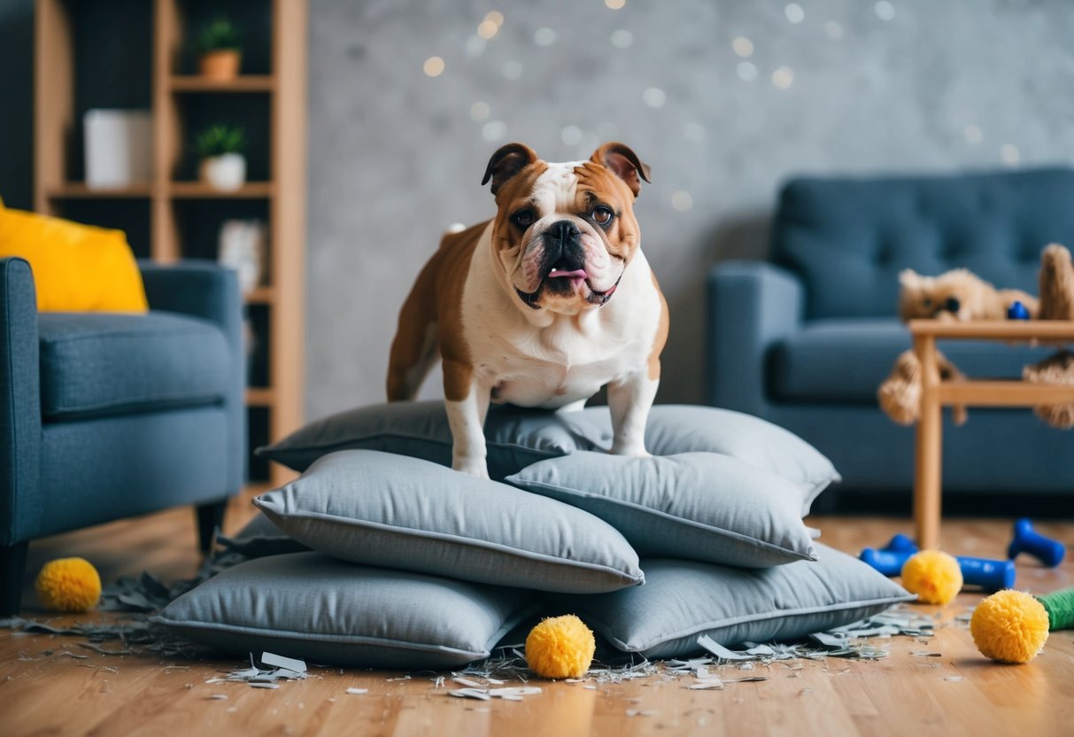 A mischievous bulldog defiantly stands on a pile of shredded pillows, surrounded by scattered toys and chewed furniture