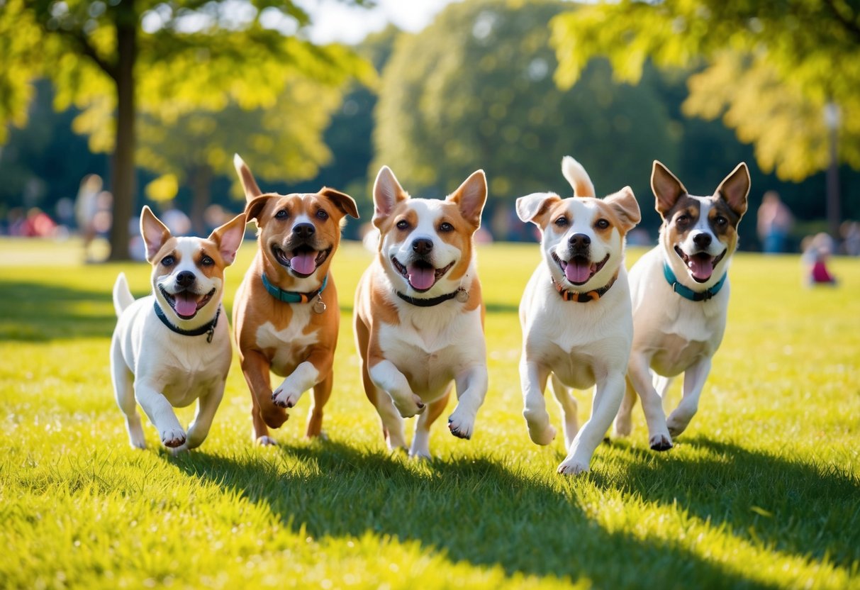 A group of adorable, family-friendly dogs playfully interact in a sunny park setting, showcasing their unique personalities and cuteness