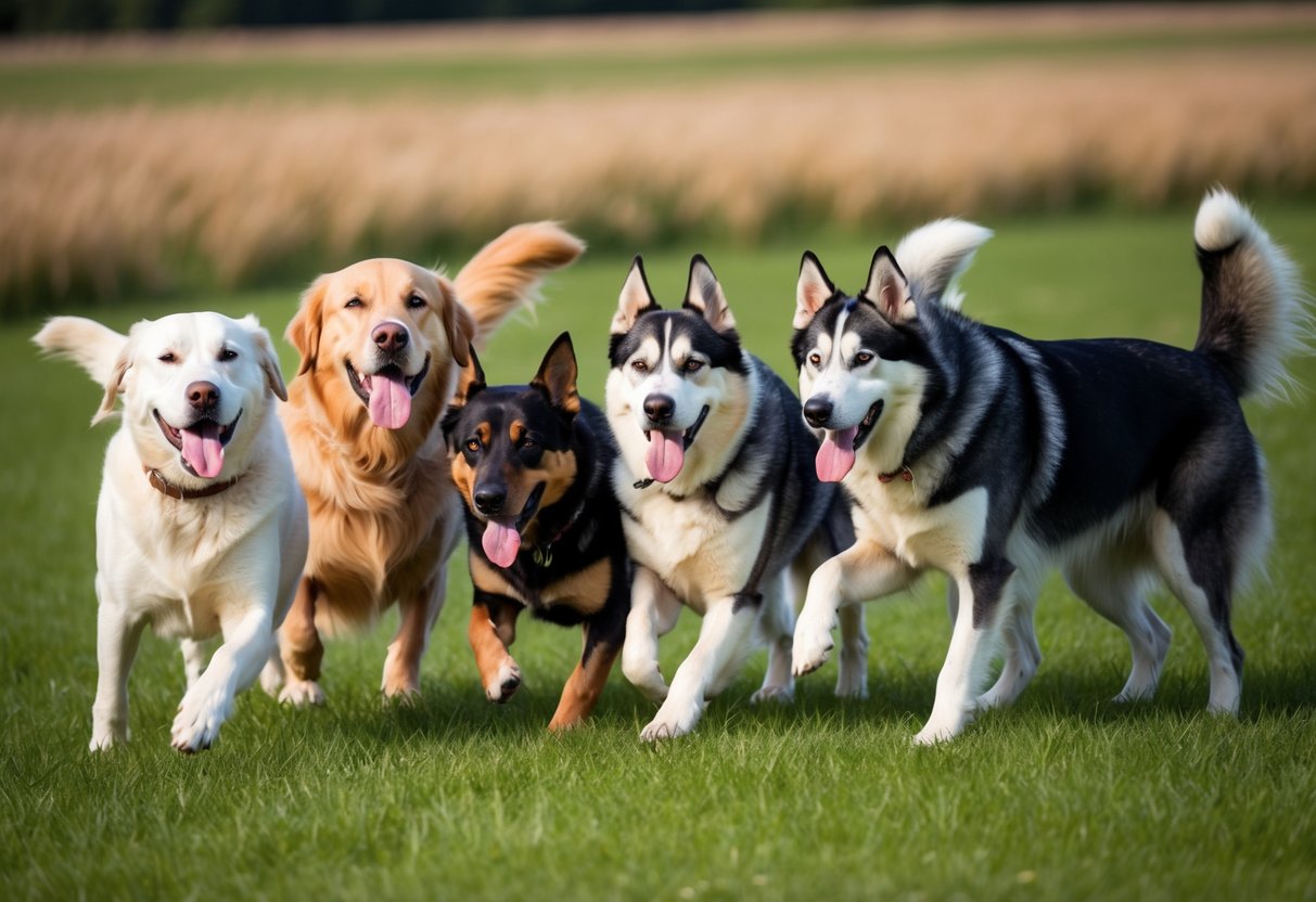A group of medium and large dog breeds, such as Golden Retrievers, German Shepherds, and Huskies, playing together in a grassy field