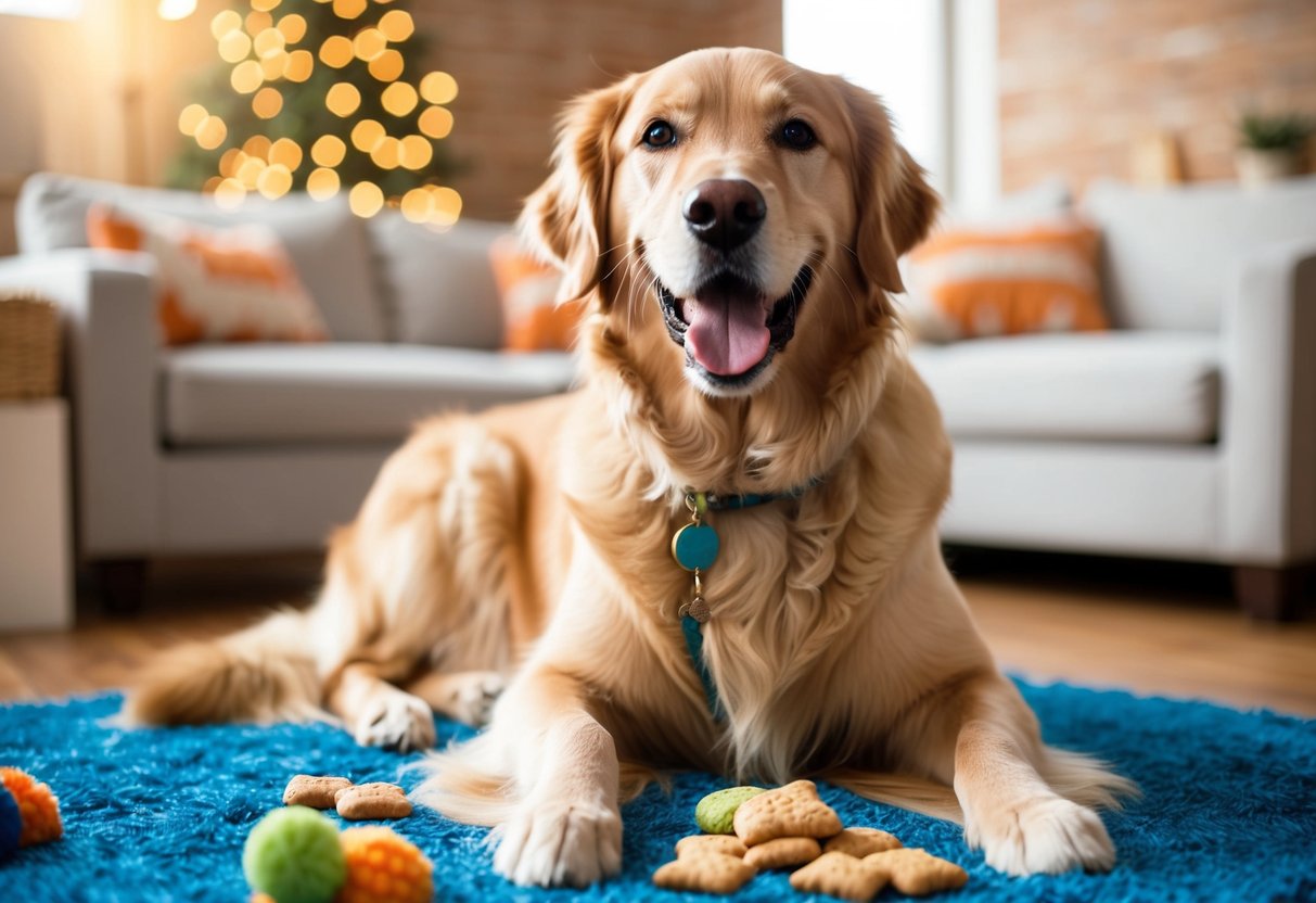 A golden retriever with a wagging tail and a big smile, surrounded by toys and treats
