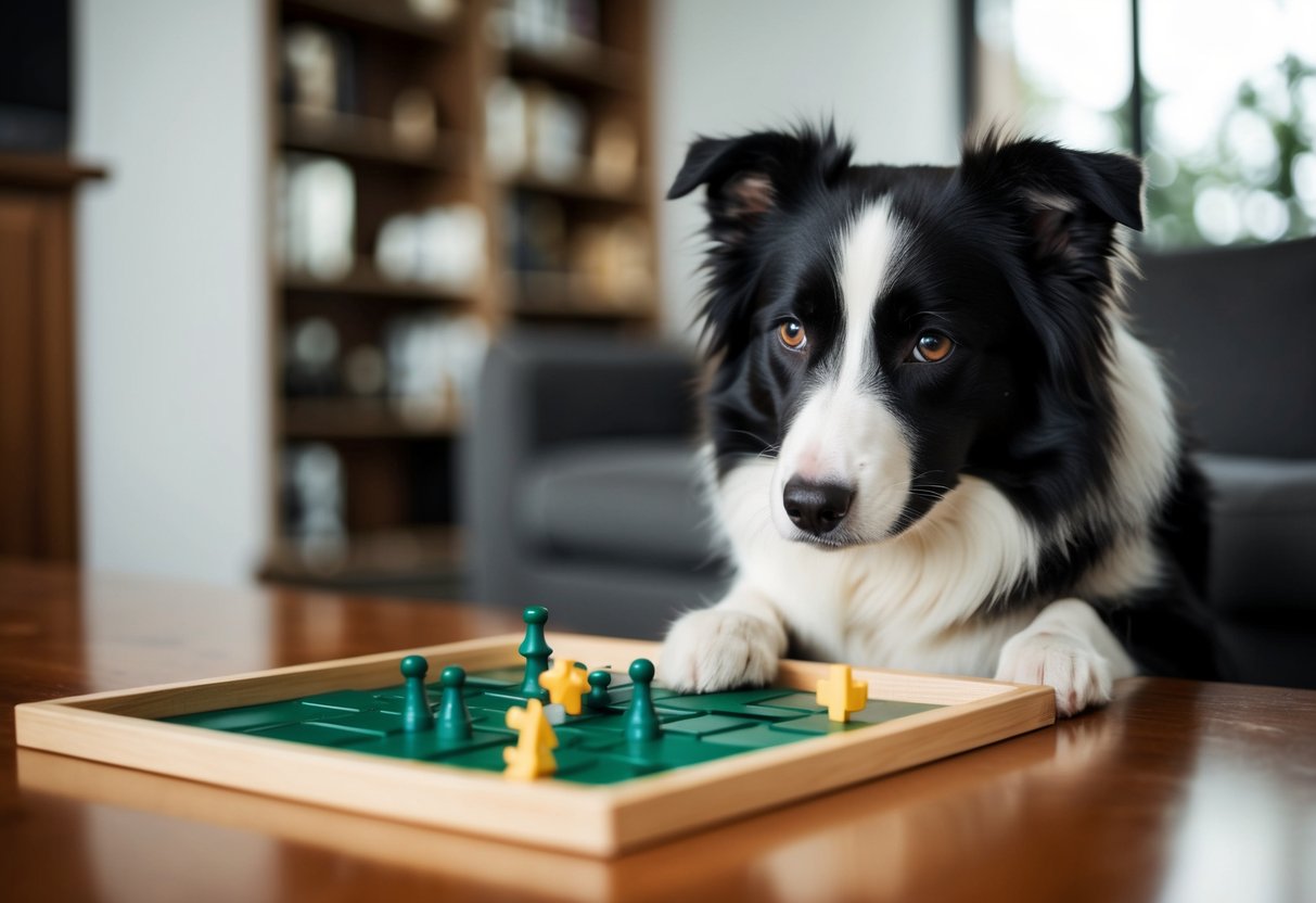 A border collie solving a complex puzzle with a determined look on its face