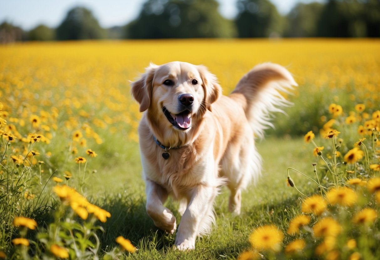 A golden retriever with a wagging tail, playing in a field of wildflowers on a sunny day