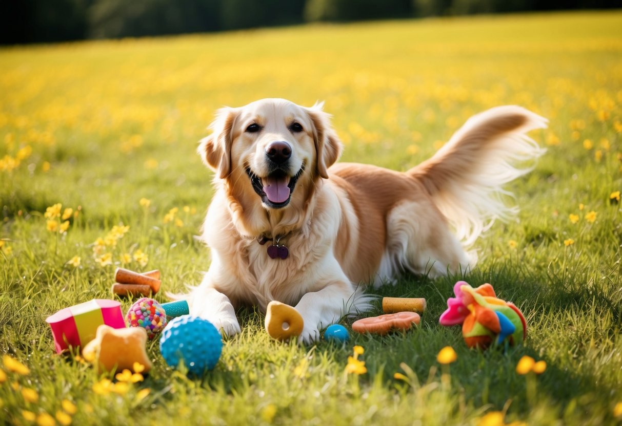 A golden retriever playing in a sunlit meadow with a wagging tail and a big smile, surrounded by colorful toys and treats