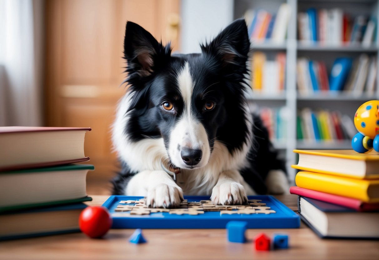 A border collie solving a complex puzzle, surrounded by books and toys