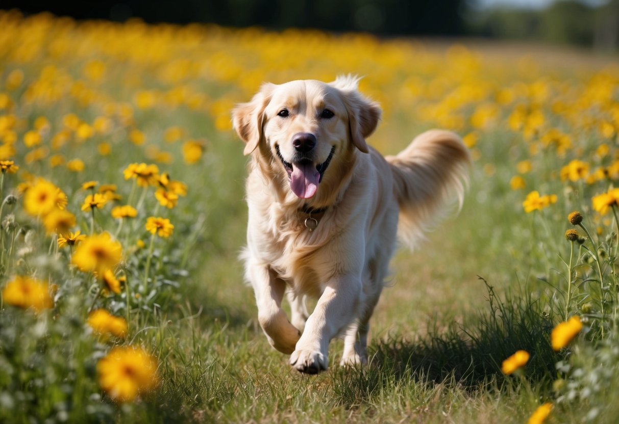 A golden retriever running through a field of wildflowers with its tongue out and tail wagging