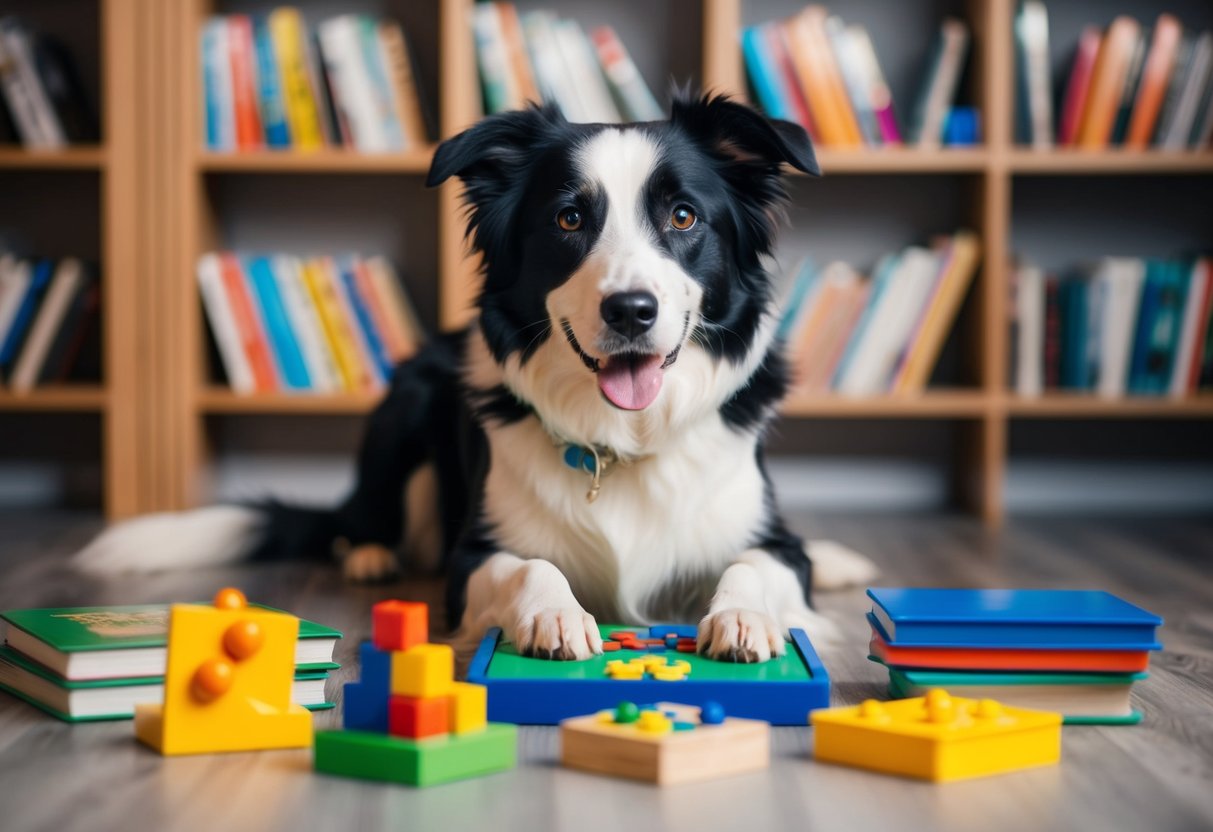 A border collie sits attentively, surrounded by puzzle toys and books, showcasing its intelligence and problem-solving abilities