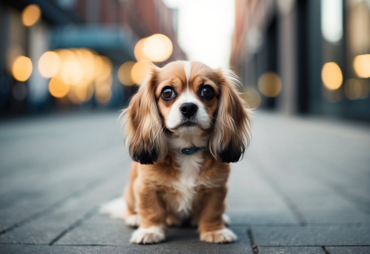 A small, fluffy dog with droopy ears and wide, soulful eyes looks up at the viewer with a pensive expression