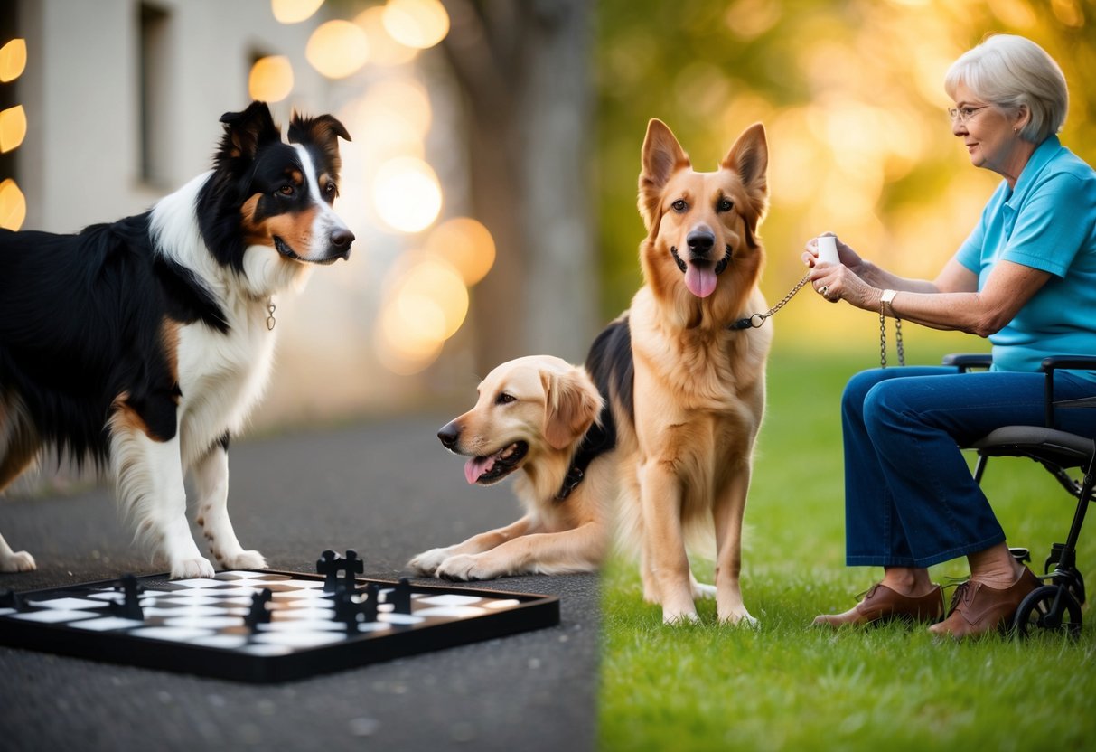 A border collie solves complex puzzles, while a golden retriever retrieves objects and a German shepherd guides a blind person