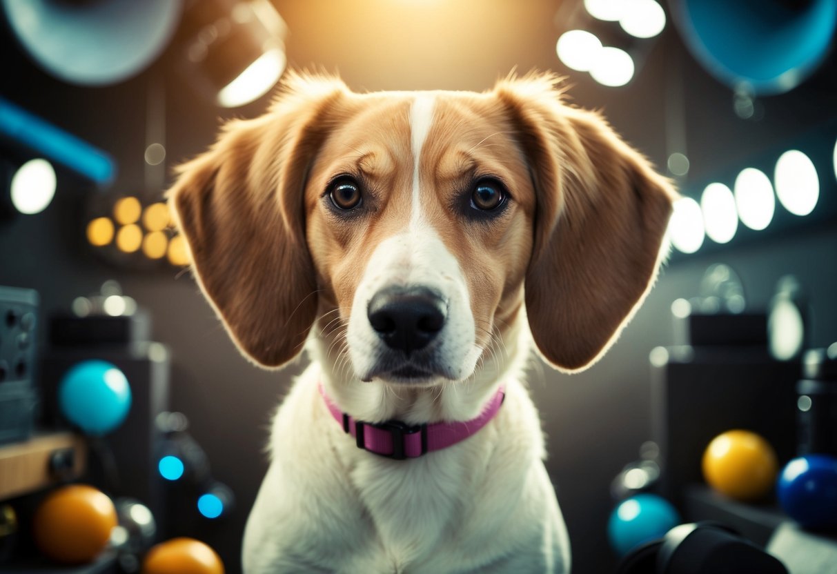 A dog with floppy ears and a gentle expression, surrounded by a variety of objects and environments, such as loud noises, bright lights, and different textures