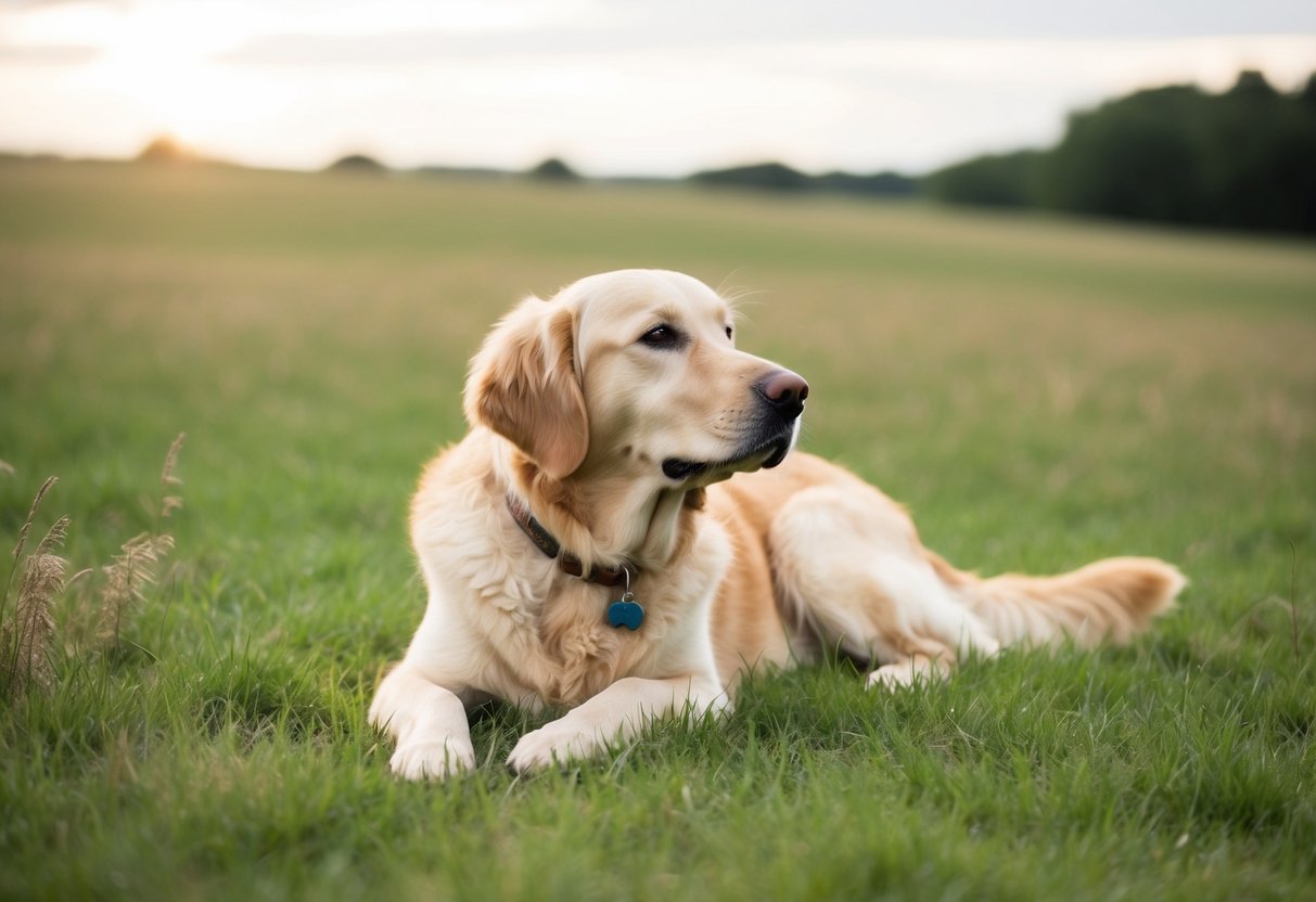 A golden retriever lying peacefully in a field, ears perked, gazing at the horizon with a gentle and attentive expression