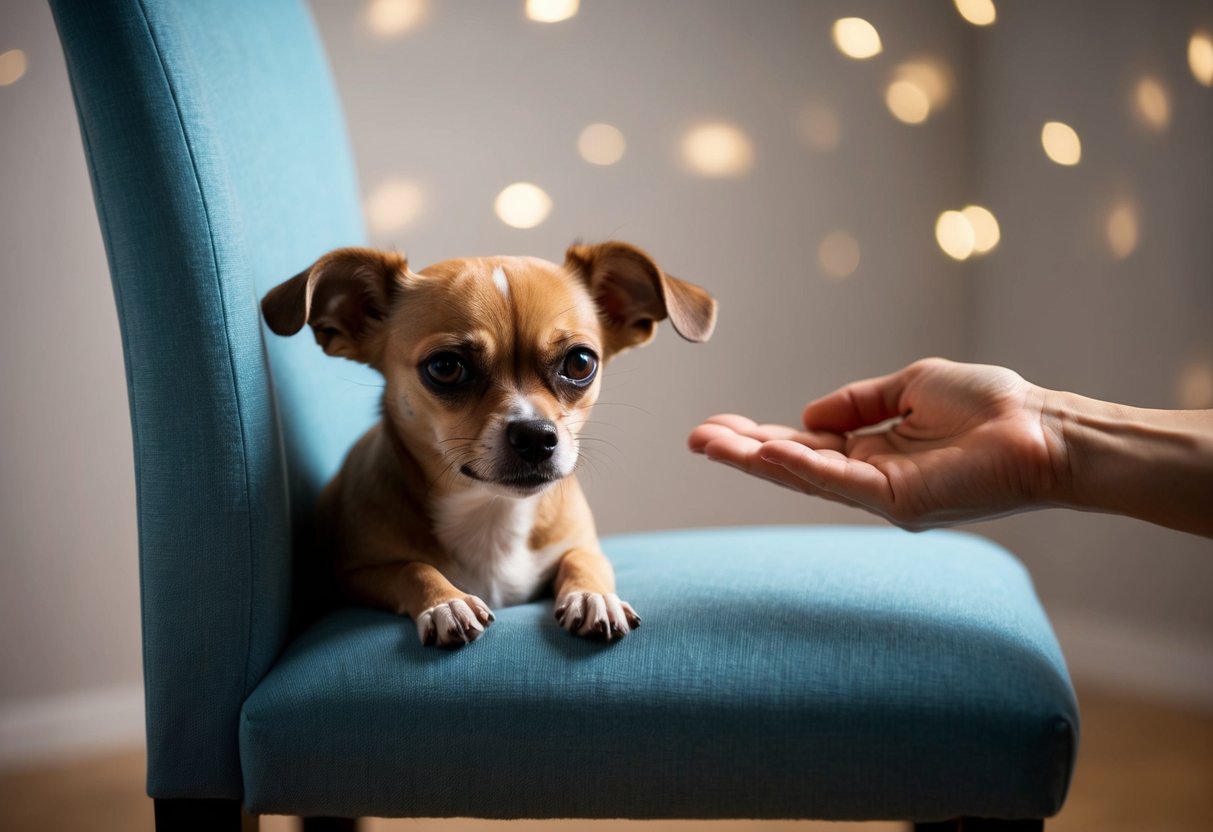 A small, trembling dog hiding behind a chair, ears flattened, eyes wide with fear, as a gentle hand reaches out to offer comfort