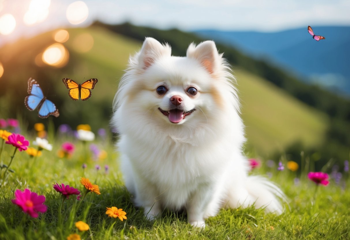 A fluffy white pomeranian with big round eyes and a pink nose sits on a grassy hill, surrounded by colorful flowers and butterflies