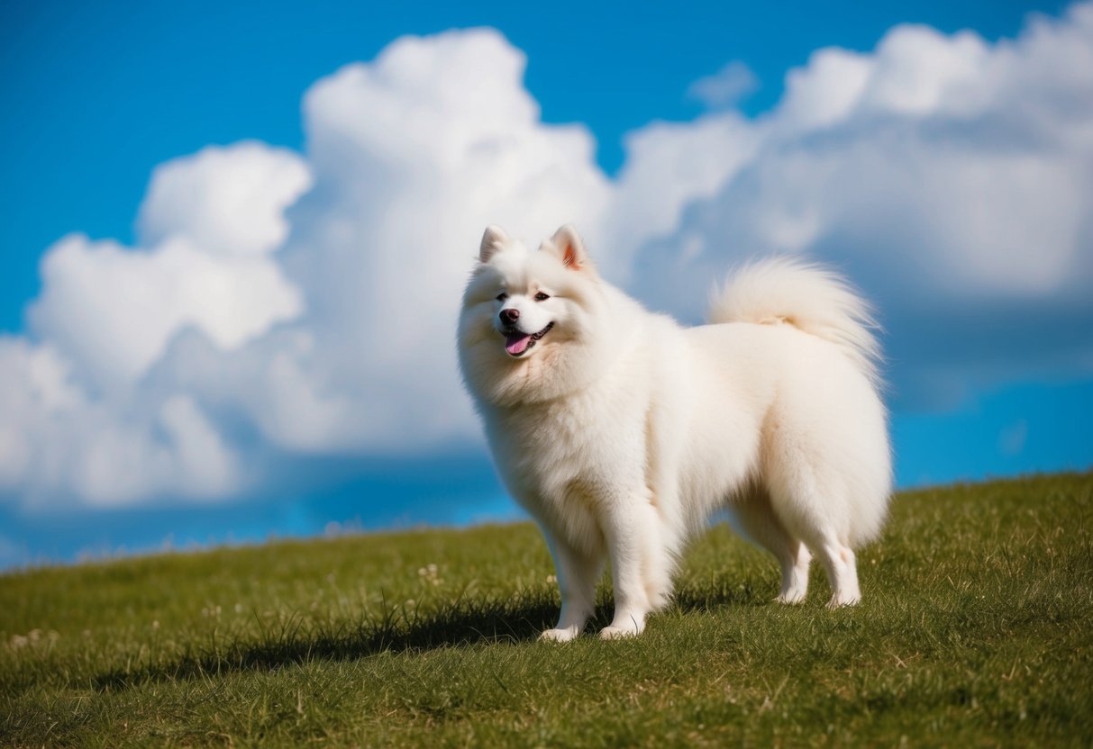 A fluffy white Samoyed stands on a grassy hill, with a bright blue sky and puffy white clouds in the background