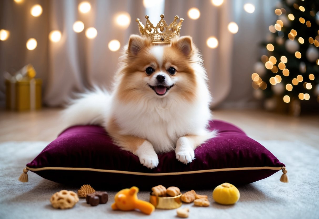 A fluffy Pomeranian sits on a velvet cushion, surrounded by toys and treats, with a golden crown on its head